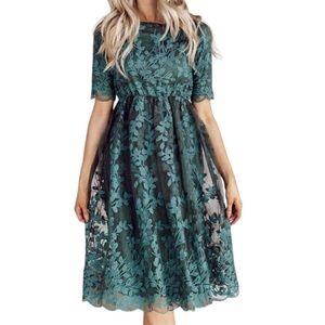 JESSAKAE Eve Wintergreen Dress Floral embroidered midi forest green/Brown Sz XS